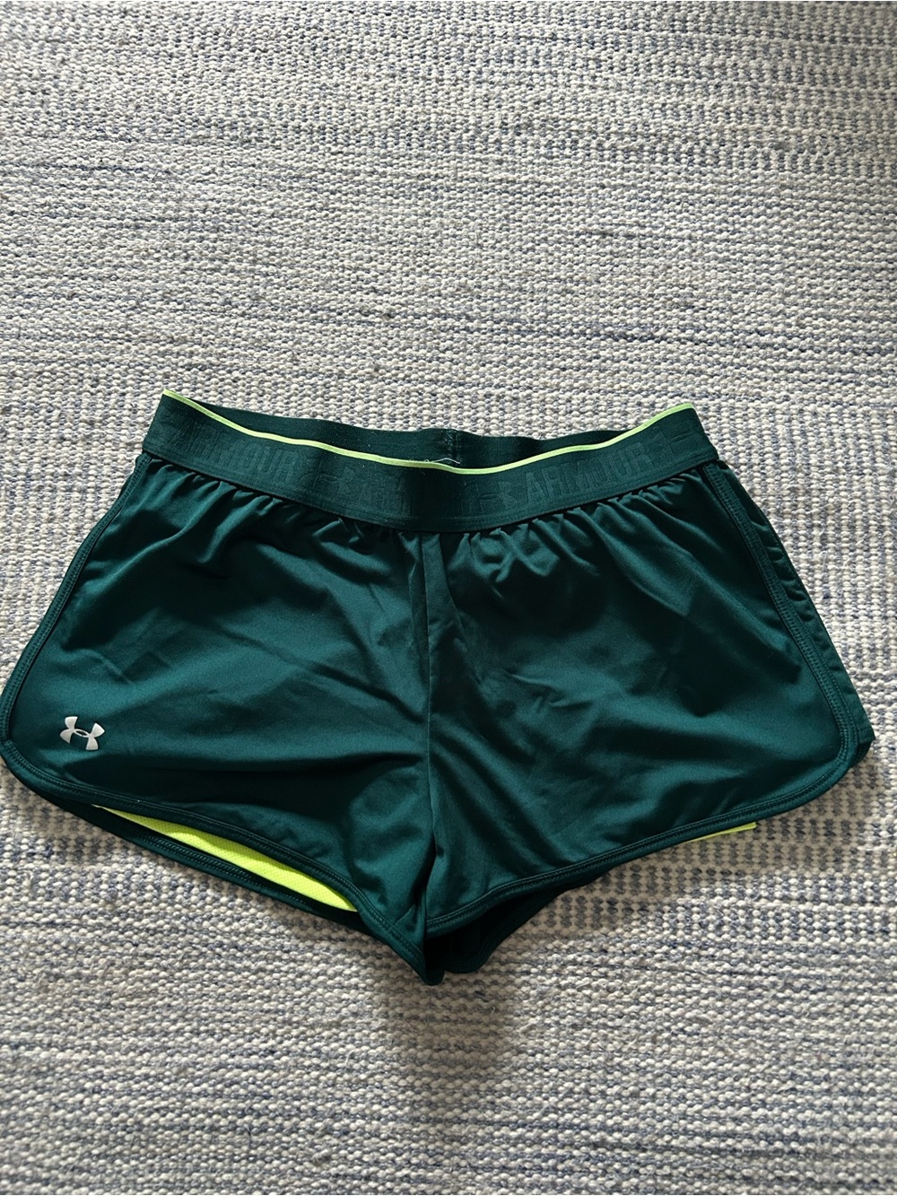Under Armour Dark Green Women's Athletic Running Shorts with Neon Trim - Picture 1 of 5